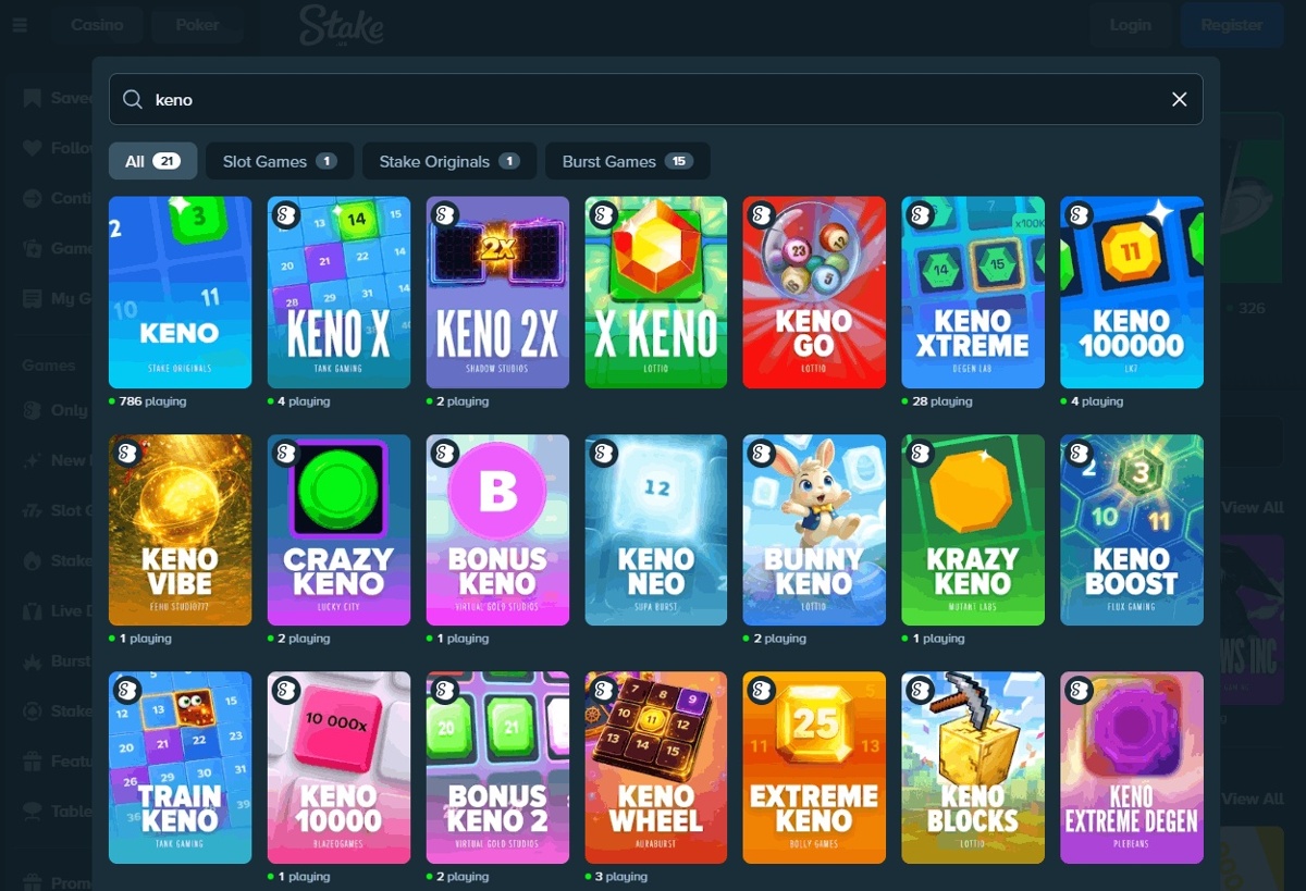 Keno games available on Stake.us